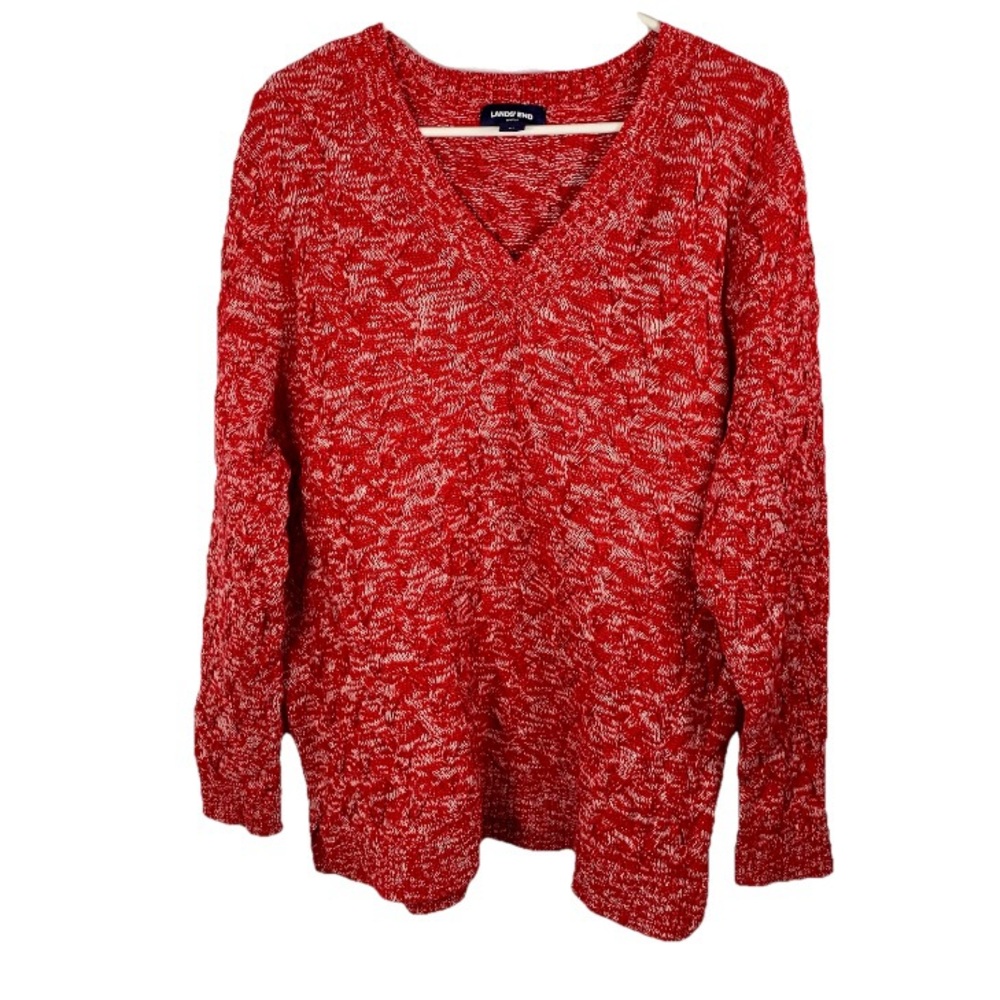Lands End Cable Knit Fisherman V-Neck Sweater Drifter Women‎ XL (18) Marled Red